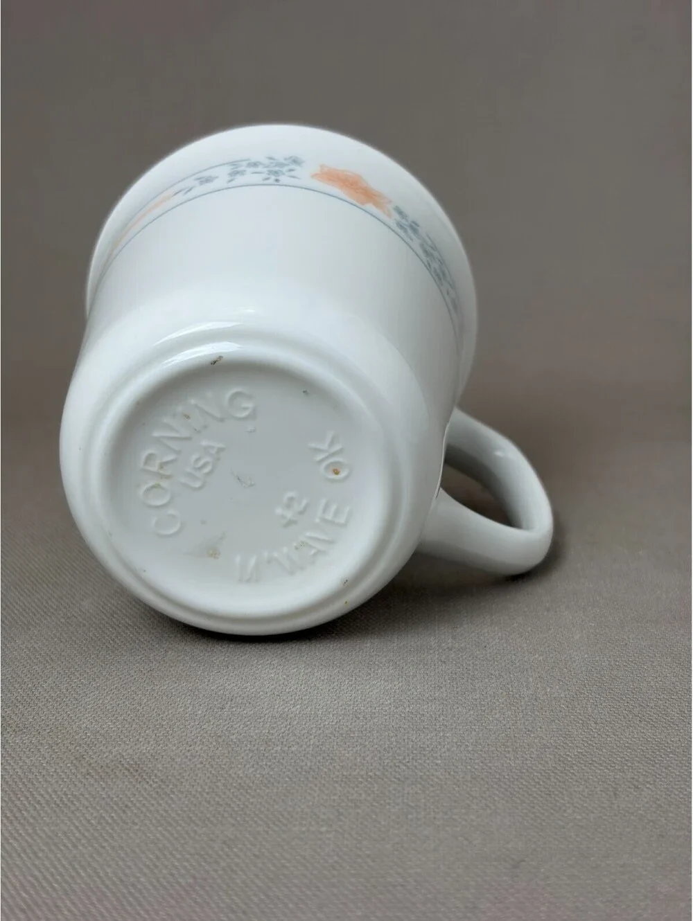 Vintage Corning Ware Corelle Peach Floral Mug Blue Band Milk Glass USA 8oz